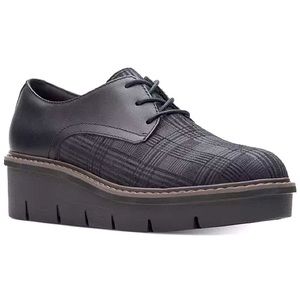 Clarks Airabell Wedge Platform Oxford, Black Plaid, Size 7.5, New in Box